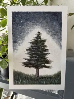 カルガモ親子と星空 風景画 オイルパステル画 原画 ハガキサイズ 絵画