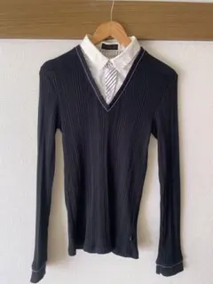 MORGAN HOMMEリブ編みVネックセーター 黒 クリーニング済み