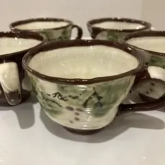 【昭和レトロ】 陶器カップ 5個セット 緑と茶色 手描き