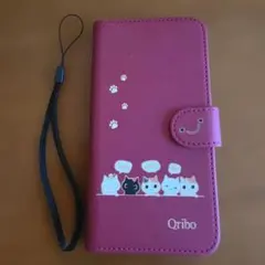 Qribo 手帳型スマホケース 猫柄 ピンク ストラップ付