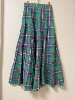 チェック柄　グリーン　緑　フレア　ロングスカート　レトロ