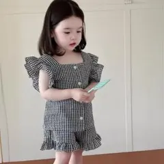 2024夏新作　フリル袖チェック柄セットアップ