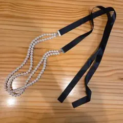 【お値下】ホワイトパール 2連ネックレス ブラックリボン