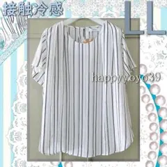 ラスト新品LL生成り白 縞ジョーゼット クールネック ブラウス半袖 大きいサイズのサムネイル