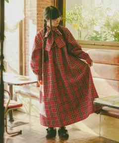 【クティールとレトロ】ボウタイフリルチェックワンピース