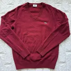 ラコステ LACOSTE セーター 赤 L 長袖 ウール フランス Vネック