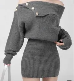 オフショルダー ニットワンピース グレー