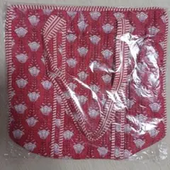 花柄トートバッグ 赤 キルティング ショルダー マザーズバッグ ブロックプリント