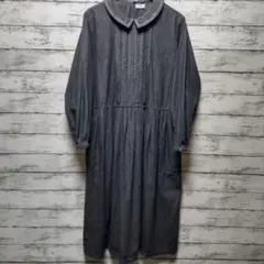 花もめん　刺繍がかわいいシャツワンピース　後ボタン　Fサイズ　デニム