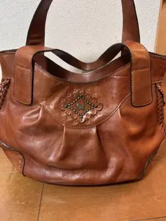 アナスイ　ブラウンレザー刺繍ハンドバッグ