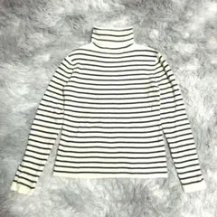 【美品✨】白 黒ボーダー タートルネックセーター (L) 大きいサイズ 総柄