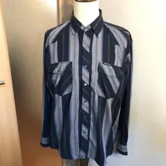 メンズ【美品 ディッキーズ】XL 紺 グレー ストライプ ロゴ ウエスタンシャツ