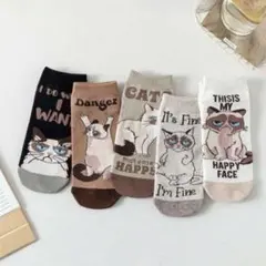 『新品』レディース靴下 23-25㎝ 猫柄 ネコ 5足セットソックス まとめ売りのサムネイル