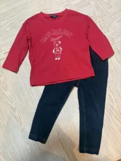 ［moujonjon］赤 長袖Tシャツ［プチマイン］デニムパンツ セット80cm