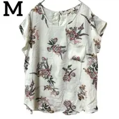 【M】Lily White 花柄 ブラウス 半袖 ボタニカル 総柄 輸入古着