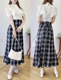 フリル袖 チェック柄 ロングワンピース
