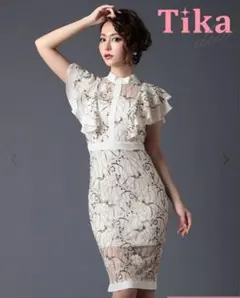 フリル袖 刺繍 胸元カバー タイト膝丈ドレス