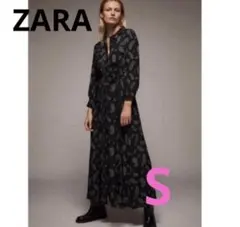 ZARA ペイズリー柄 マキシワンピース S 黒 ザラ　リボン付のサムネイル