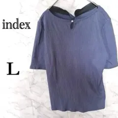 インデックスリブニット L サイズくすみブルー 五分袖 パールボタン 上品