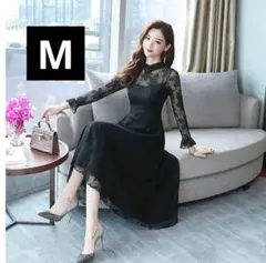 パーティドレス　レース　ワンピース　ブラック　結婚式　お呼ばれ　M