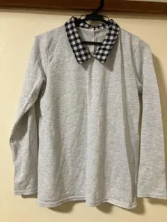 グレー チェック襟 長袖 Tシャツ Mサイズ　RETROGIRL