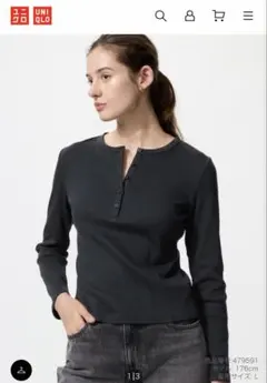 UNIQLO リブヘンリーネックT ブラック