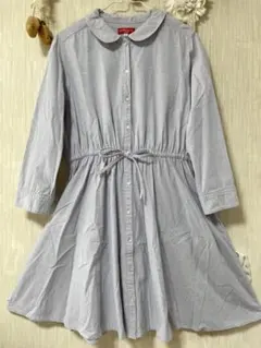 リボンダンガリーシャツデニムワンピースブルー可愛いガーリーナチュラルカジュアル