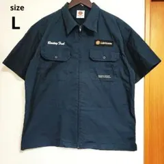 【背面刺繍】76 Lubricants ワークシャツ L 紺 ジップアップ
