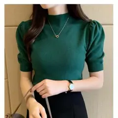 新品 リブニット  緑 パフスリーブ   サマーニット サマーセーター