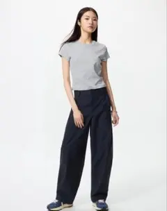 【丈補正あり】ユニクロ ジャージーバレルレッグパンツ 丈長め ネイビー S