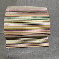 【最終値下げ】　全通柄　八寸名古屋帯 多色ストライプ 正絹　松葉仕立て