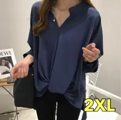 新品未使用 2XLタック入りゆったりシャツブラウス 体型カバー ネイビー 即発送