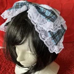 【サックスチェック×ホワイト】リボンカチューシャ【手作り】