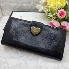 美品♥️GUCCI♥️ ラブリーハート　GGシマレザー　長財布　金ロゴ　折り財布