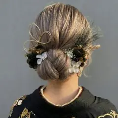 成人式　髪飾り　ヘッドドレス　振袖ヘアパーツ着物　黒白水引リボン　卒業式　金組紐