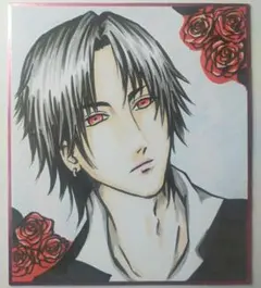 【原画】赤い瞳の男の子｜赤い花｜手描きオリジナルイラスト｜中色紙・一点もの