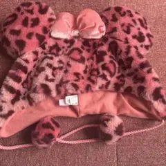 ヒョウ柄ピンク帽子 リボン付きファンキャップ