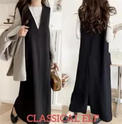 クラシカルエルフ Vネックポケット付きジャンパースカート ブラックL