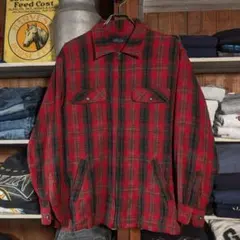 90s　ビンテージ　オンブレチェック　ジップ　ネルシャツ　オーバーサイズ　黒赤