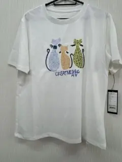 猫の刺繍ホワイトTシャツ M-L