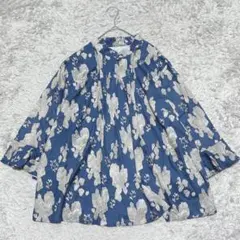 オーバーサイズブラウスシャツトップス長袖七分袖総柄［4XL］ネイビー