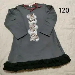120 猫プリント グレー地チュニック ワンピース 黒フリル 赤リボン