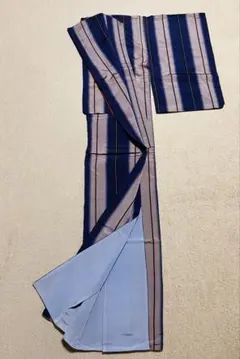 大人夏着物単品縦縞柄水色白紺色ネイビーホワイト単衣洗える着物夏物