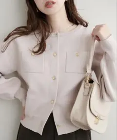 natural couture ポリニット金釦ポケ付き カーディガン