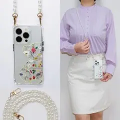 可愛いクマiPhone14proMAXクリアショルダーケース パールチェーン