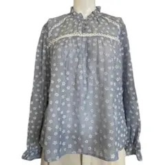 ザラ ZARA カットソー フリルネック 長袖 花柄 切り替え　ブラウス　ブルー