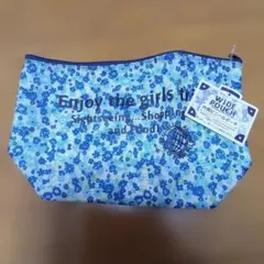 青色花柄 ワイドポーチ