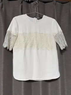 ZARA WOMAN 半袖ブラウス レース切り替え おふホワイト XS 美品
