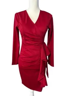 赤 ラップドレス 長袖 フリル付き