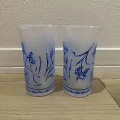 青い花柄 フロストグラス 2個セット